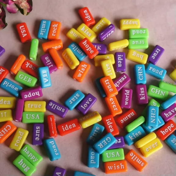 EOEMY 100 Assorted Acrylic Inspirational Word Letter Rectangle Beads 15X8mm Kids Craft-Mixed Bubblegum Color