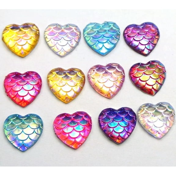 EOEMY 100 Mixed Colour Ab Flatback Resin Fish Scale Pattern Heart Cabochon 12mm
