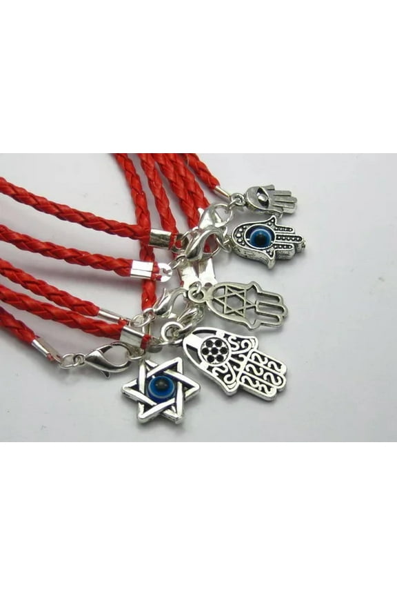 100 Mixed Kabbalah Hamsa Hand Charms Red Leatheroid Braided String Bracelets