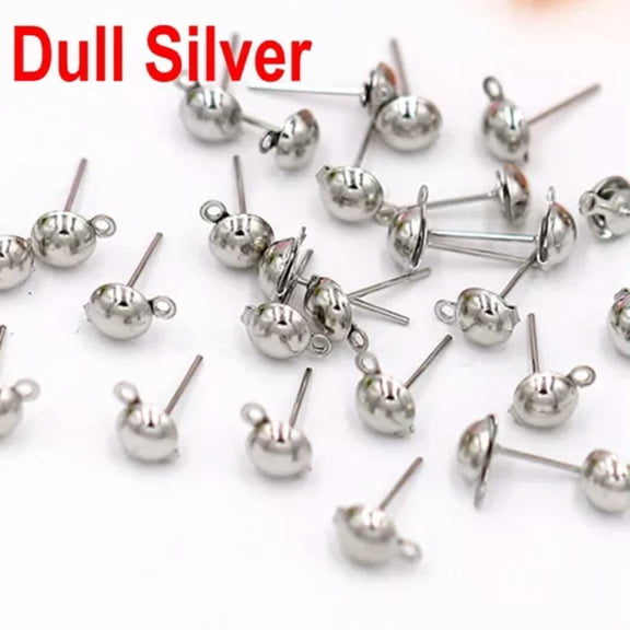 EOEMY 100 Pcs Half Ball 6mm Earring Ear Post Stud With Loop & Stopper Dangle Earring-Dull Silver Tone