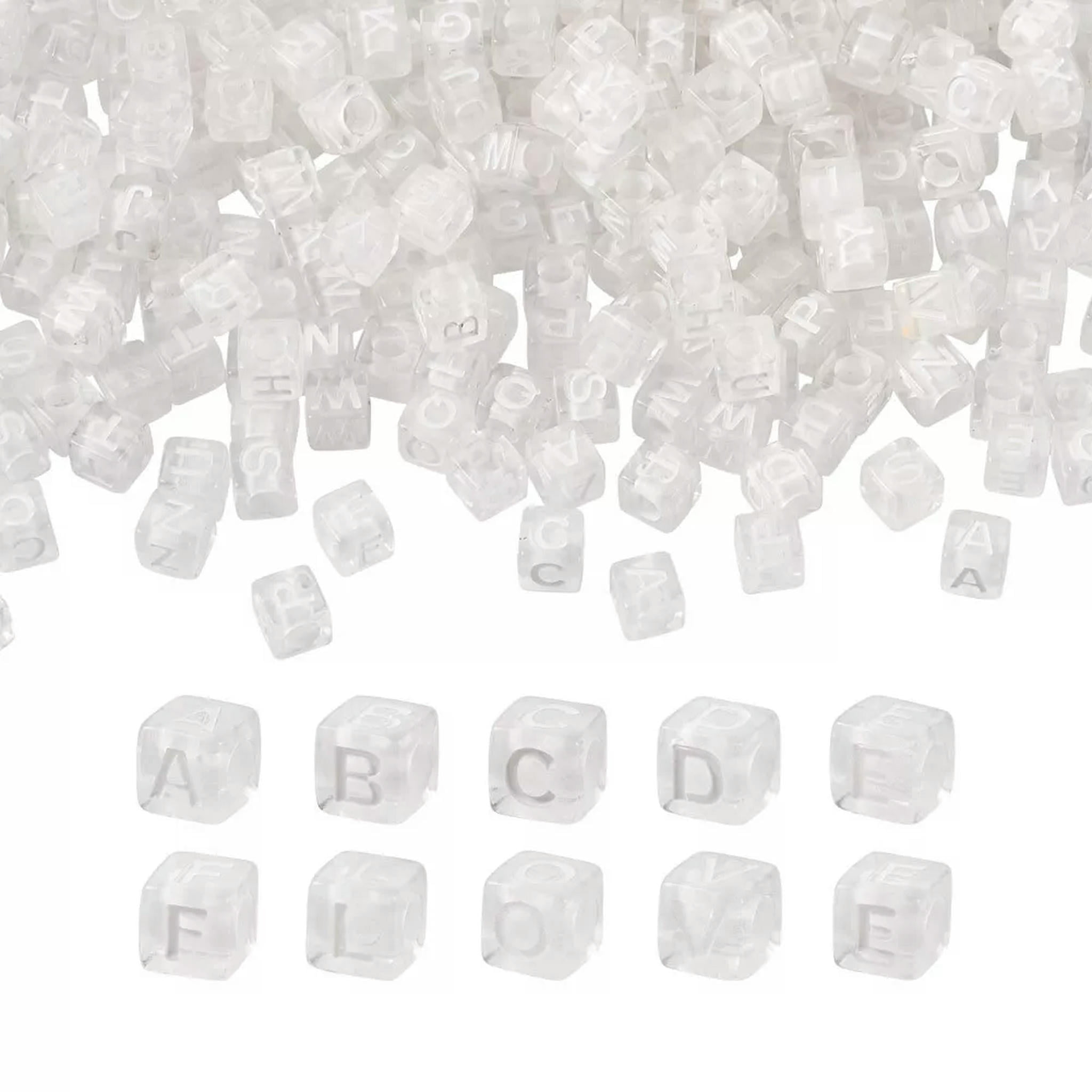EOEMY 1000Pcs 7mm White Cube With Letter Transparent Acrylic Enamel Large Hole Beads