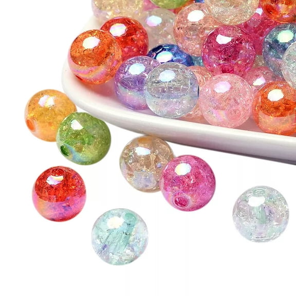 EOEMY 100Pcs 8mm Round Transparent Crackle Acrylic Beads Smooth Ab Color Loose Spacer