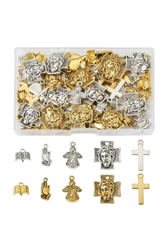 100Pcs/Box Tibetan Style Antique Angel Cross Pray Gesture Alloy Pendants 11~25mm
