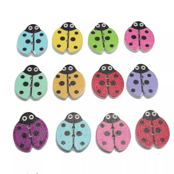 EOEMY 100Pcs Mixed Color Ladybug White Wood Buttons 18mm Wooden Scrapbook Decorative