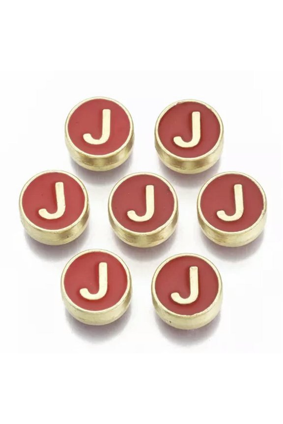 10Pc 8mm Flat Round Initial Letter A~Z Alloy Enamel Beads Metal Alphabet Spacer-J