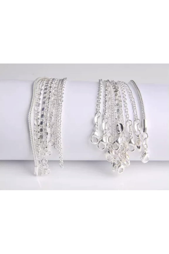 10Pcs 10 Styles Star Rolo Fox Tail Figaro Smooth Ball 925 Silver Necklace Chains-26