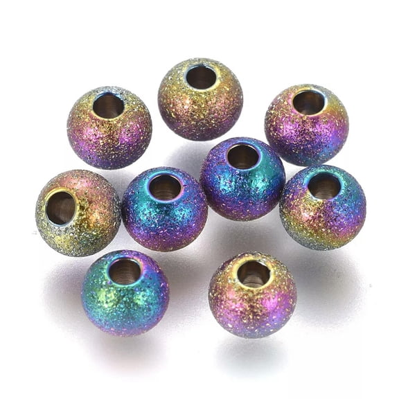 EOEMY 10Pcs 6mm Rainbow Round 304 Stainless Steel Textured Beads Metal Loose Spacer