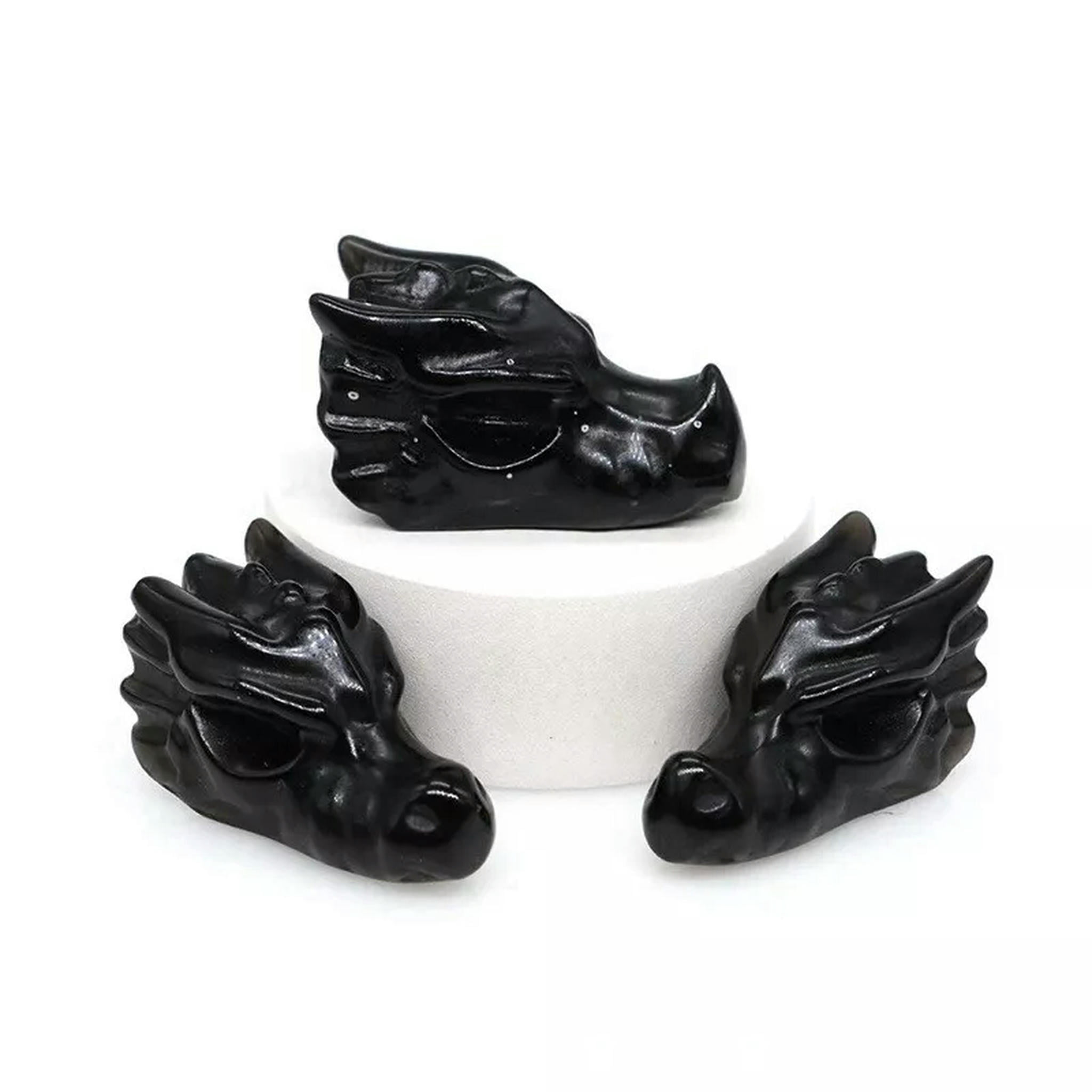 EOEMY 10Pcs Natural Black Obsidian Quartz Crystal Dragon Head Skull Carved Mini Statue