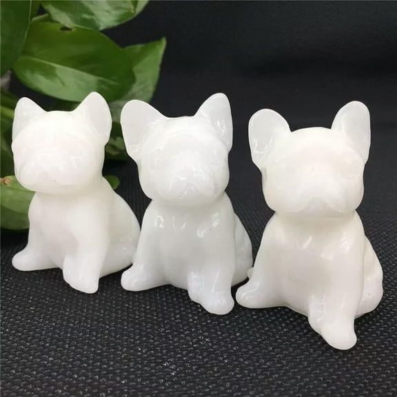 EOEMY 10Pcs Natural White Jade Quartz Crystal French Bulldog Mini Doggy Energy Decor