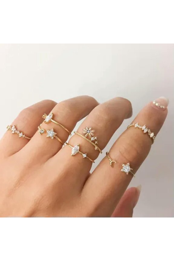 10Pcs/Set Butterfliy Flower Crystal Knuckle Midi Finger Rings Women Jewelry Set-7Pcs Flower Satr Moon