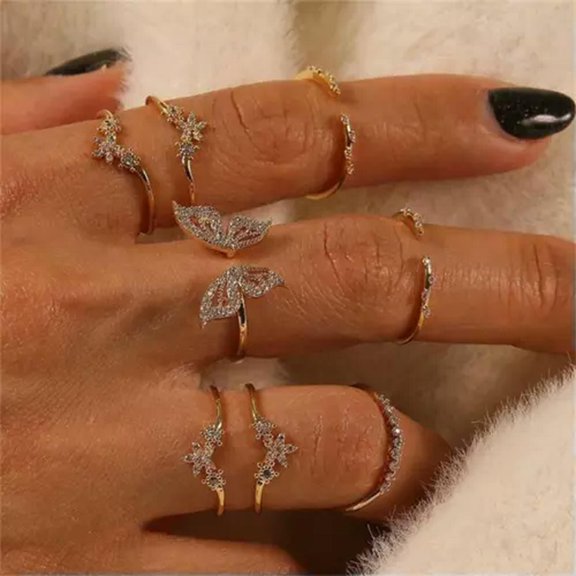 EOEMY 10Pcs/Set Butterfliy Flower Crystal Knuckle Midi Finger Rings Women Jewelry Set-8Pcs/Set Butterfly Flower