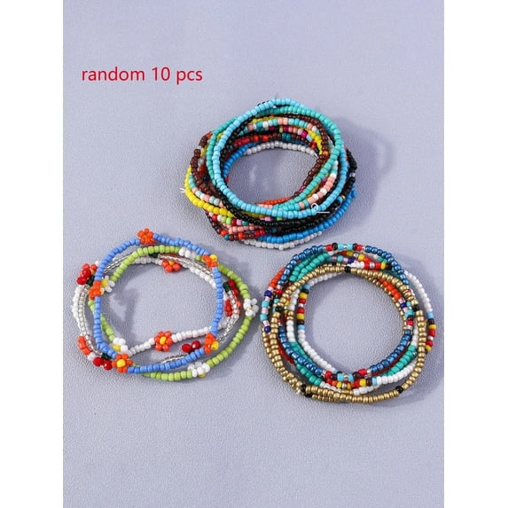 EOEMY 10Pcs/Set Random Flower Decor Beaded Bracelet Women Bracelet Stackable Bracelet-Default