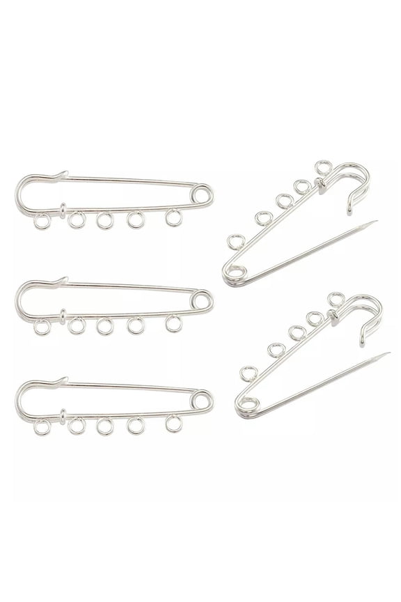10Pcs Silver Tone Iron Big Kilt Pins W/ 5 Loops Spring Lock Brooch Findings 50mm