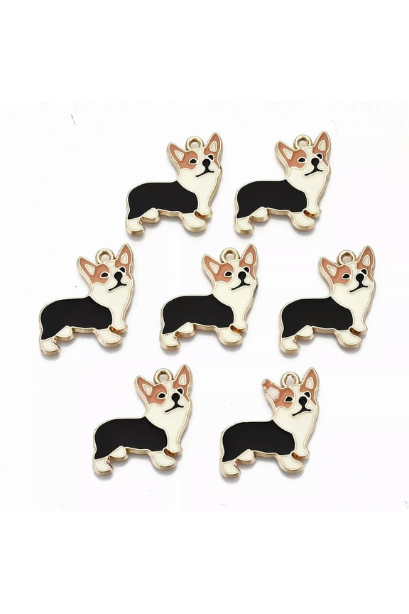 10X Nickel Free Corgi Dog Peru Golden Alloy Enamel Pendants Jewelry Making 23mm