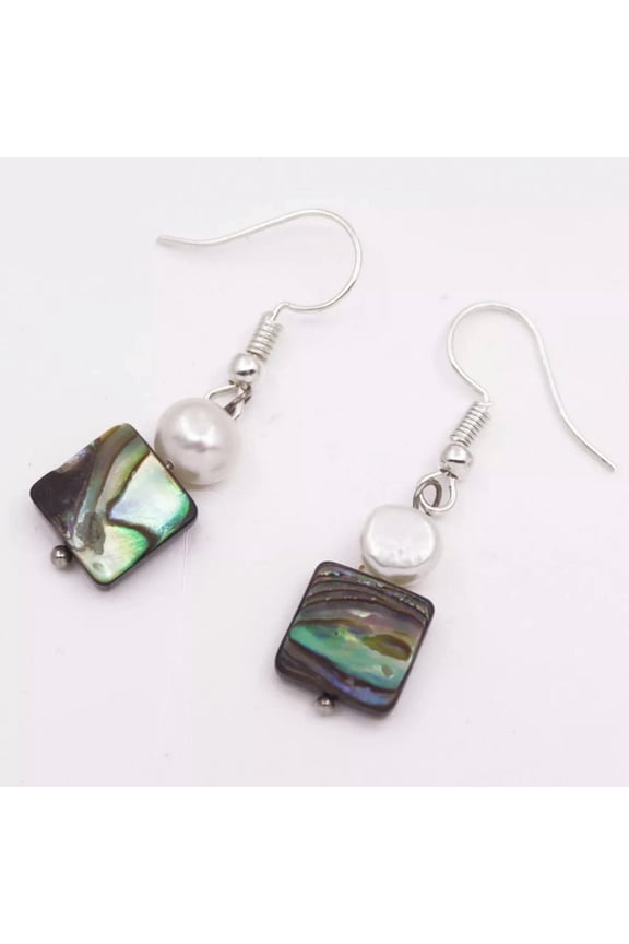 10mm Flat Square Natural Paua Abalone Shell White Pearl Drop Dangle Earring
