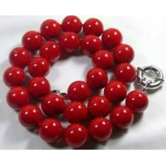 EOEMY 10mm Red Sea Coral Gems Round Bead Necklace 18'' Aaa