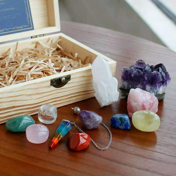 EOEMY 11Pcs Natural Amethyst Cluster Quartz 7 Chakra Crystal Set Energy Tumbled Stones