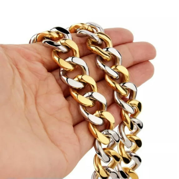 EOEMY 12/15mm Heavy Polished Women Men Chain Curb Stainless Steel Necklace Or Bracelet-Silver Gold-15mm-34Inch Or 86Cm