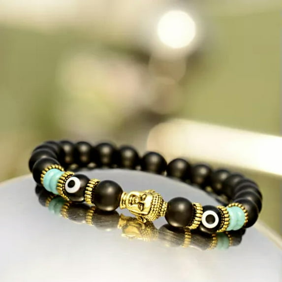 EOEMY 12 Styles Hamsa Eyes Beads Gold Buddha Beads Lucky Bracelets Men Women Jewellery-Style 2 Matte Black Agate