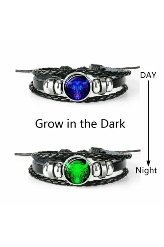 12 Zodiac Constellation Sign Braided Leather Bracelet Glow In The Dark Men Gift-Taurus