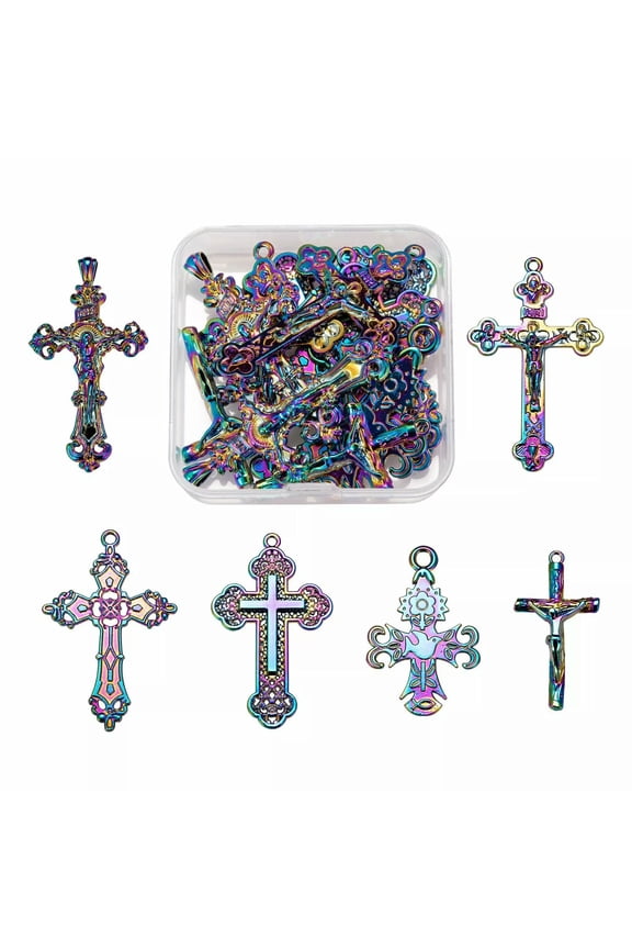 12Pc Multi-Color Cross With Jesus Alloy Pendants Nickel Free Hang Charms 44~58mm