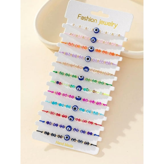EOEMY 12Pcs/Set Colorful Eye Pattern Friendship Adjustable Bracelet Fashion Jewelry-Default