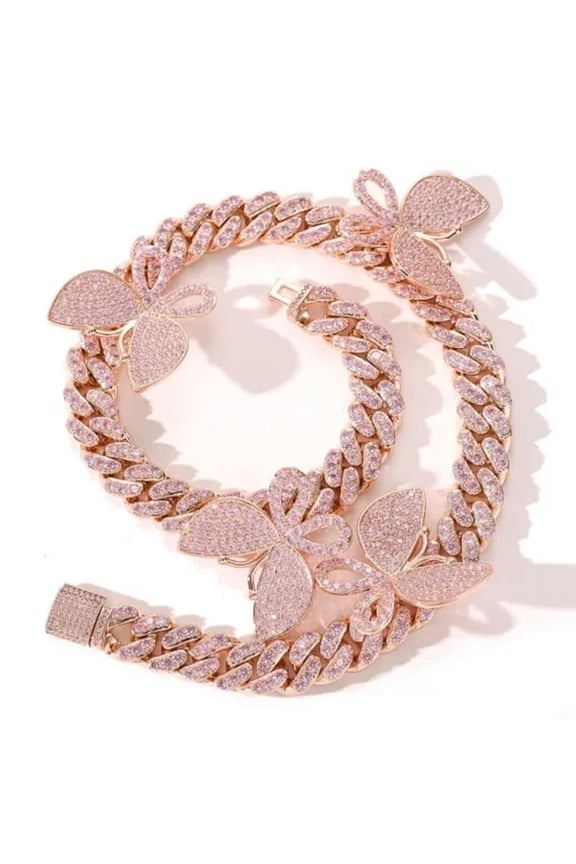 12mm Mens Women Butterfly Miami Cuban Link Iced Flooded Hip Hop Necklace A9275-Pink Chain &Amp; Pink Butterflies-Necklace - 22"