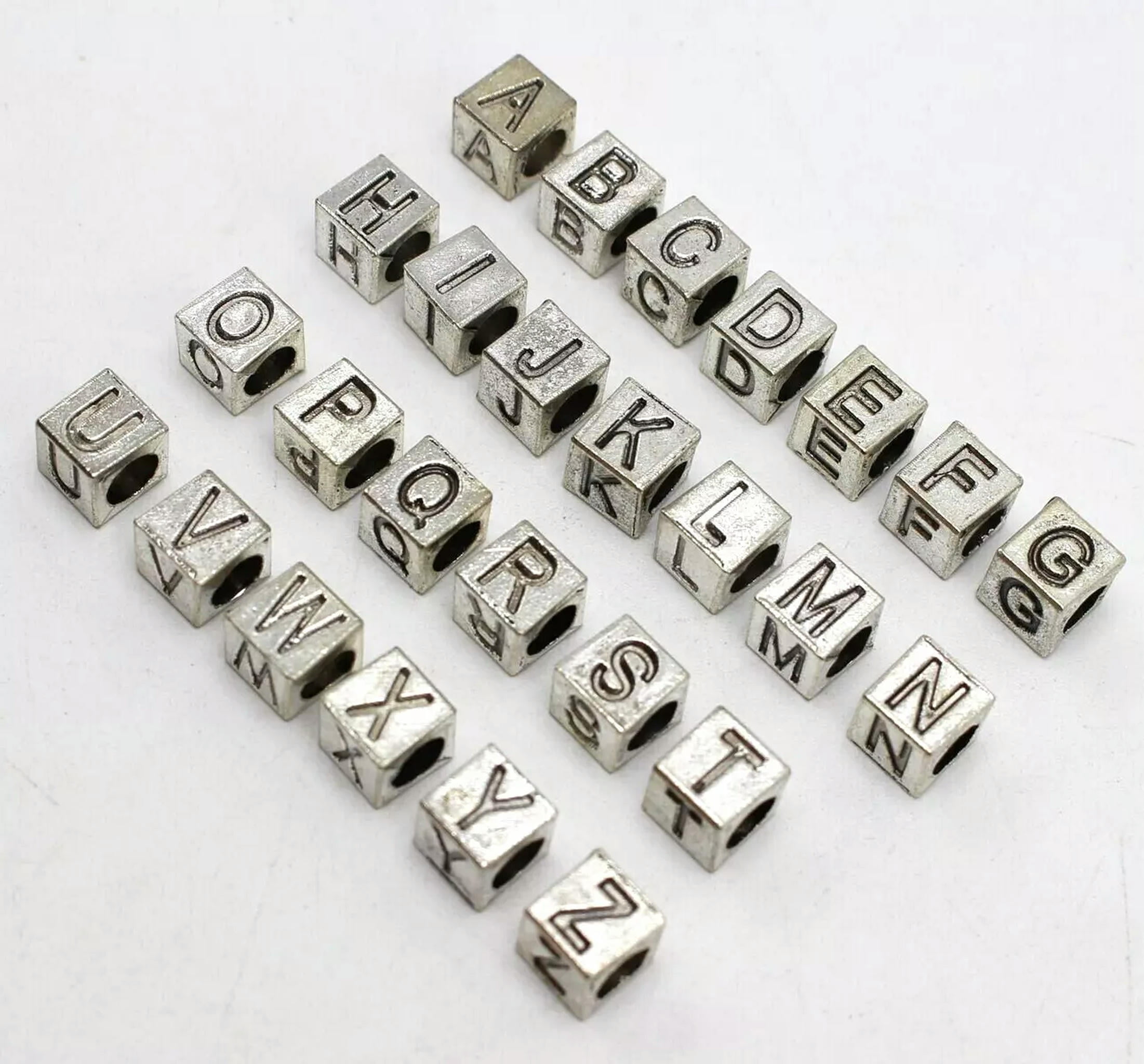 EOEMY 130 Silver Tone Alloy Alphabet Letter "A-Z" Cube Euro Beads 7X7mm Slide Charm