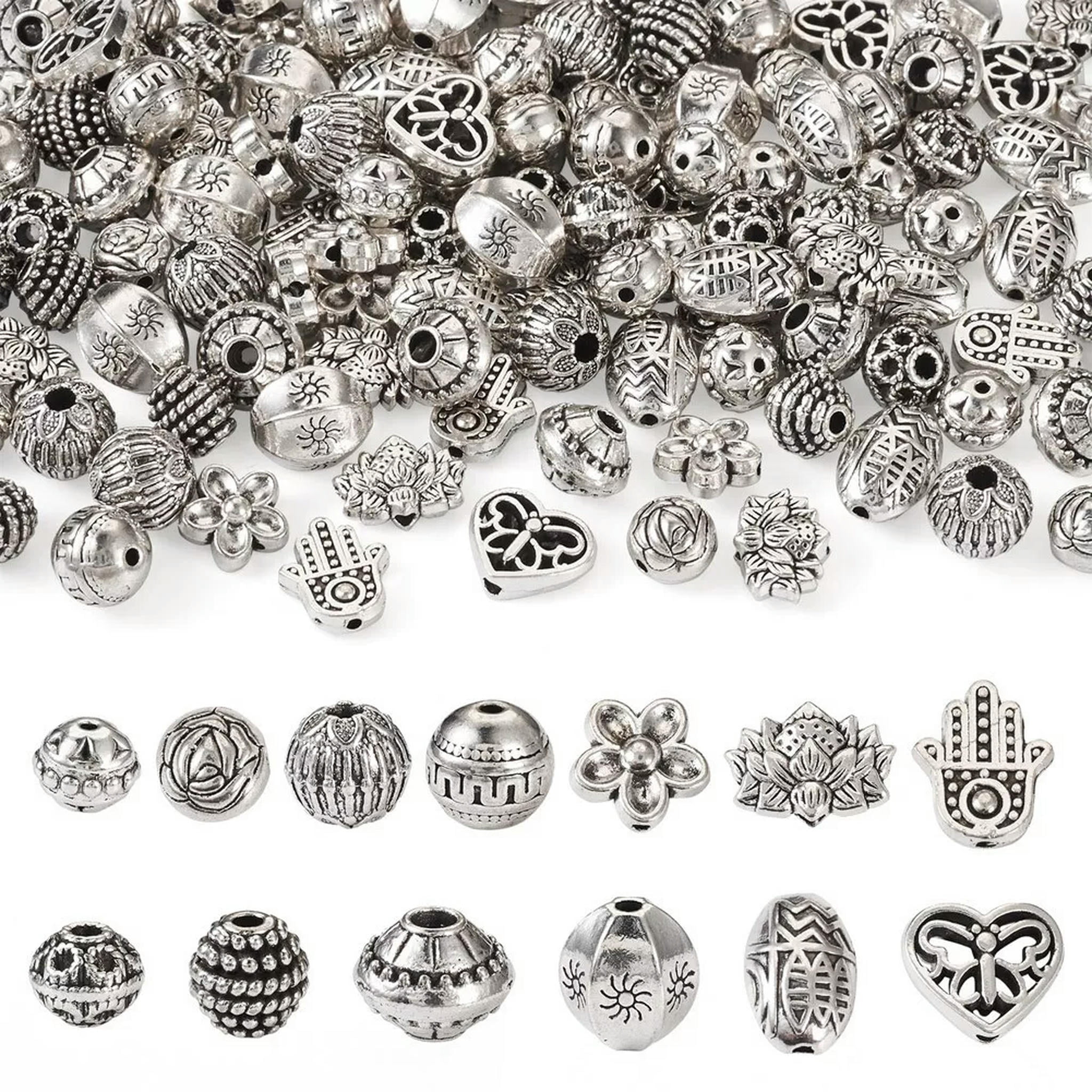 EOEMY 130Pcs Antique Silver Rondelle Barrel Flower Tibetan Style Alloy Beads 7.5~12mm