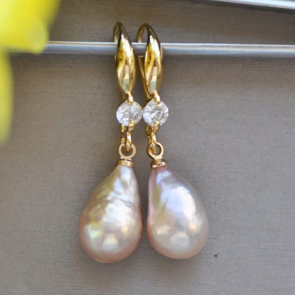 EOEMY 14mm Lavender Drop Edison Keshi Pearl Gold-Plating Dangle Earring Cz