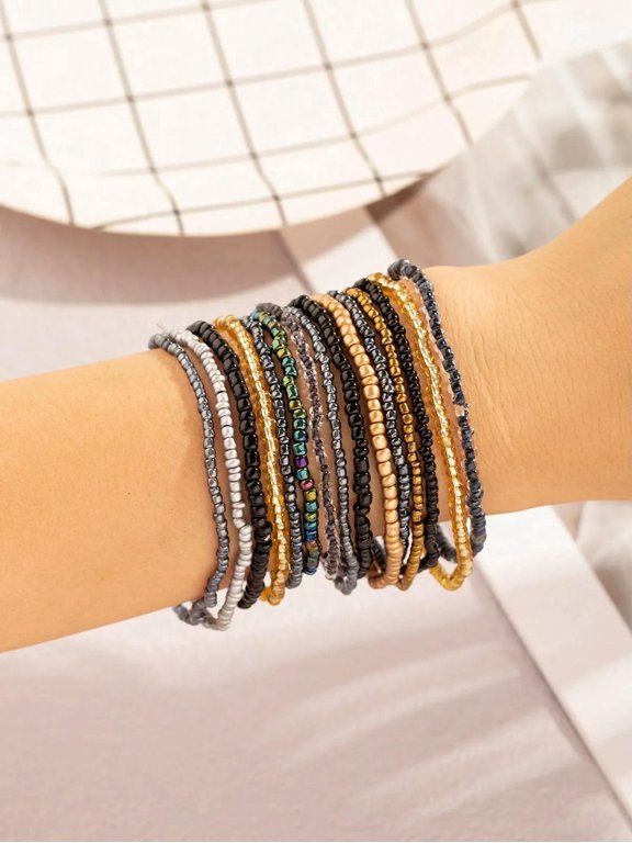 15Pcs Black Beaded Stacking Bracelet Set With Gold-Tone Chain-Default
