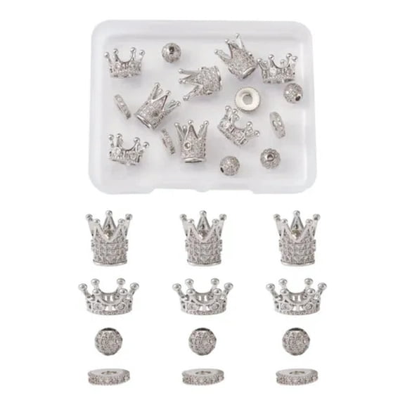 EOEMY 16Pc Brass Micro Pave Clear Grade Cubic Zirconia Crown Beads Loose Spacer 6~13mm-Platinum