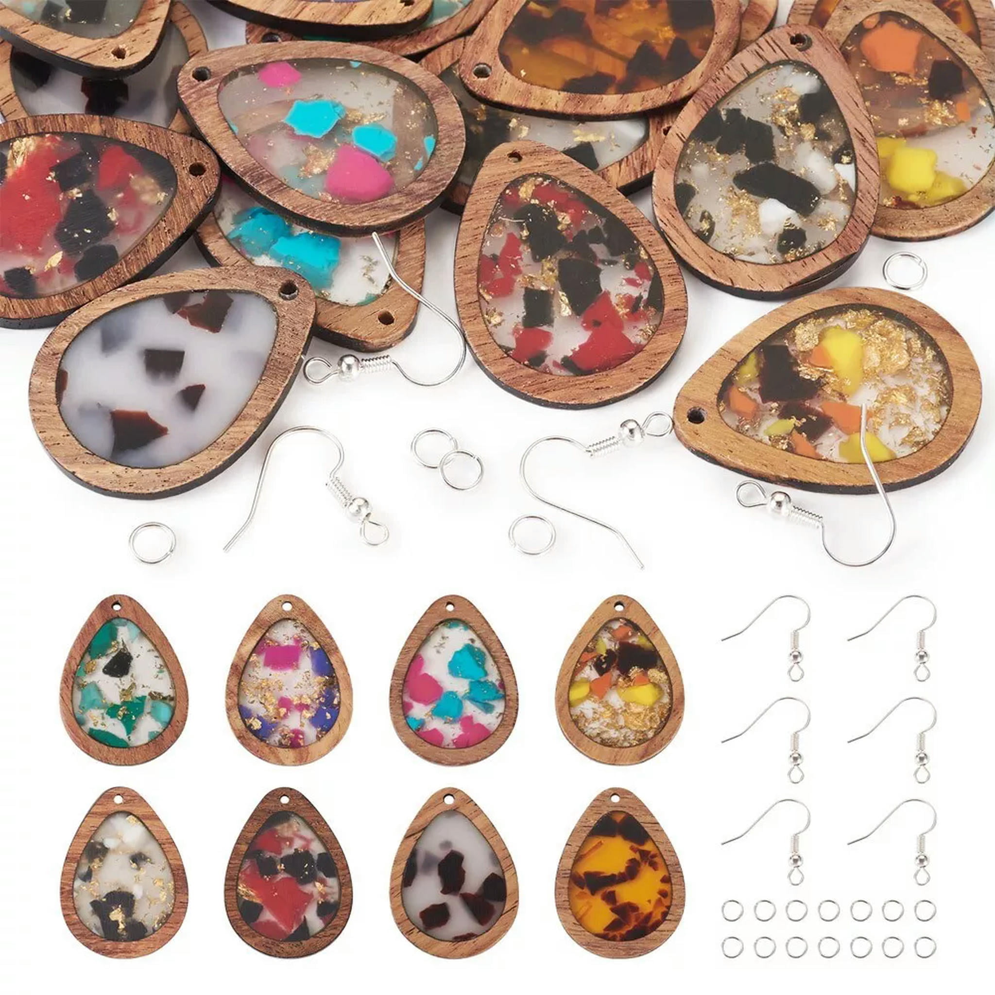 EOEMY 16Pcs Teardrop Resin Wood Pendants Brass Earring Hooks Diy Earring Making Kits