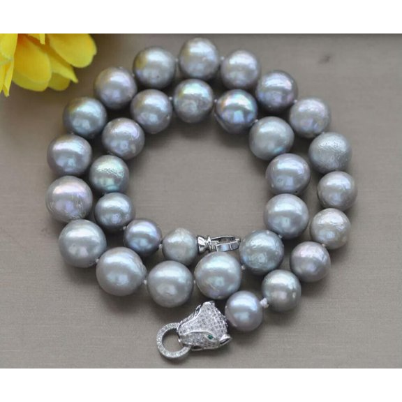 EOEMY 18" 12-14mm Gray Round Edison Keshi Pearl Necklace Cougar Cz
