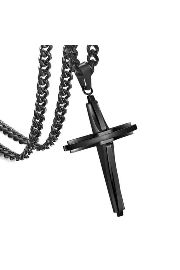 18"-40" Curb Chain Hot Women Men Stainless Steel Crucifix Cross Pendant Necklace-Black-34Inch Or 86Cm