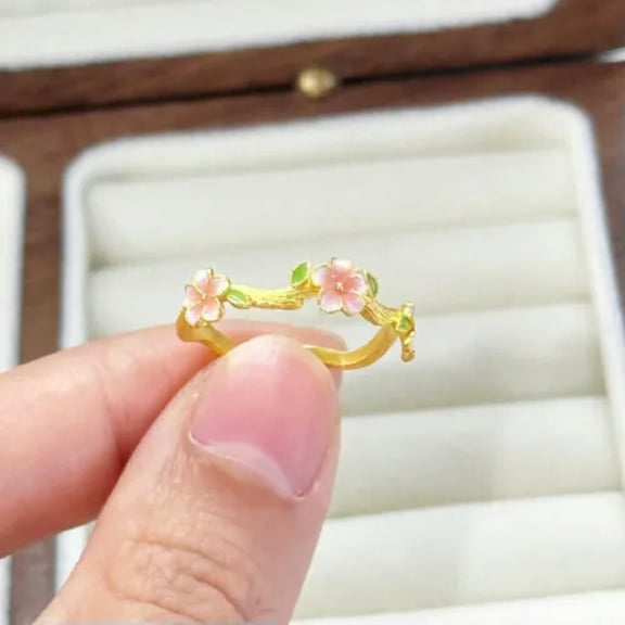 EOEMY 18K Gold Plated Flower Open Ring Adjustable Peach Blossom Ring Women Jewelry New-#1