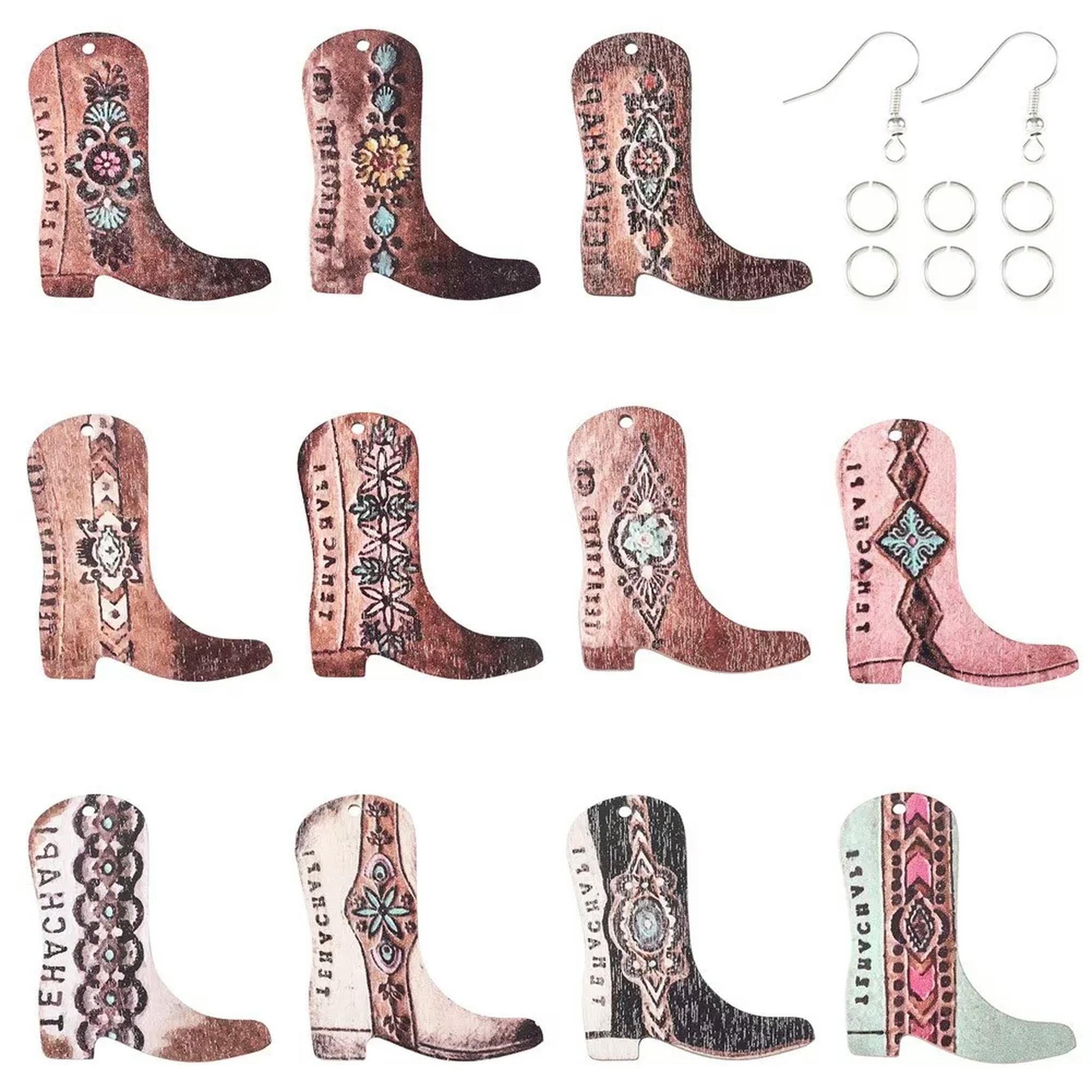 EOEMY 1Box Diy West Cowboy Boot Wood Dangle Earrings Jewelry Finding Making Kit 8~49mm