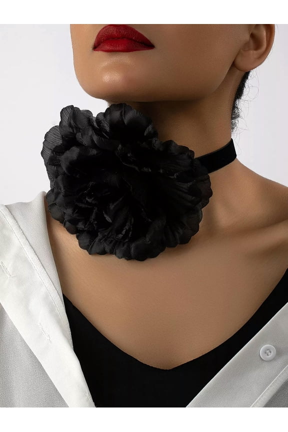 1Pc Adjustable Neck Chain With Large Simulated Flower Velvet Ribbon Statement-Default