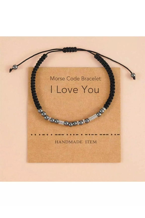 1Pc Black Onyx Beaded Bracelet With Morse Code 'I Love You' Braided Rope-Default