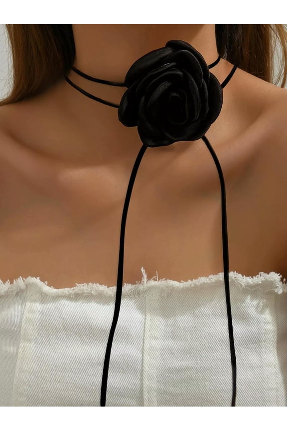 1Pc Black Rose, Datura Flower & Camellia Flower Collar Necklace Statement-Default