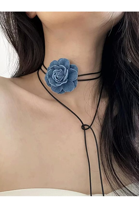 1Pc Denim Flower Shaped Necklace Statement Necklace Modern Necklace-Default