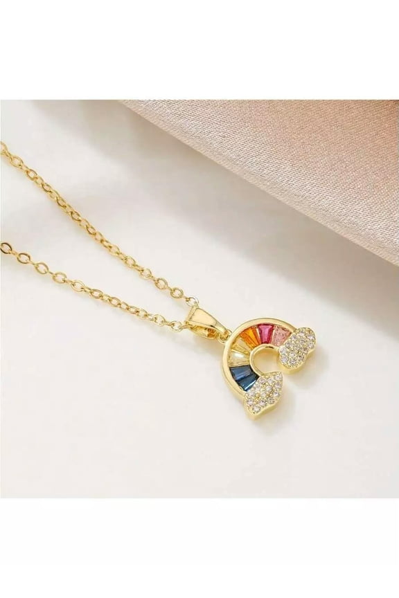 1Pc Gold-Tone Stainless Steel Chain With Cubic Zirconia Rainbow Cloud Pendant,-Default