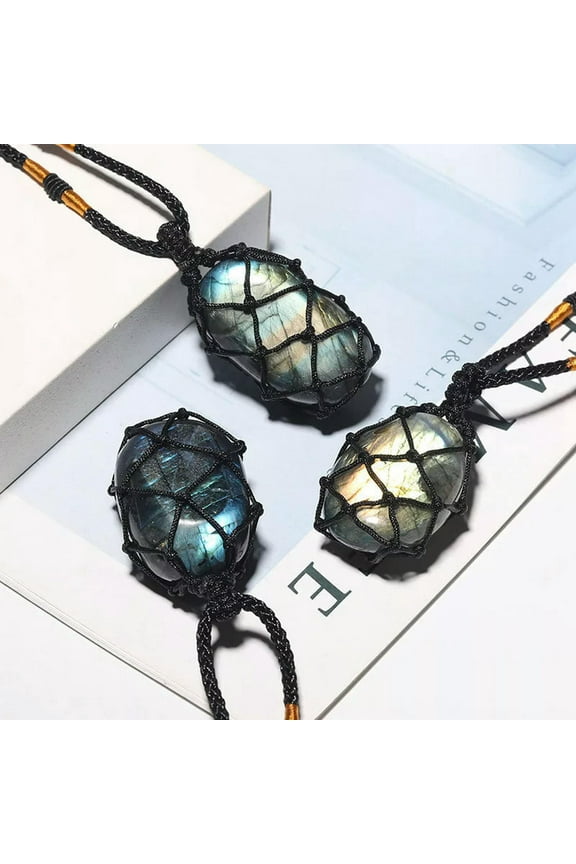 1Pc Natural Labradorite Wrap Tumble Stone Pendant Chakra Quartz Crystal Necklace