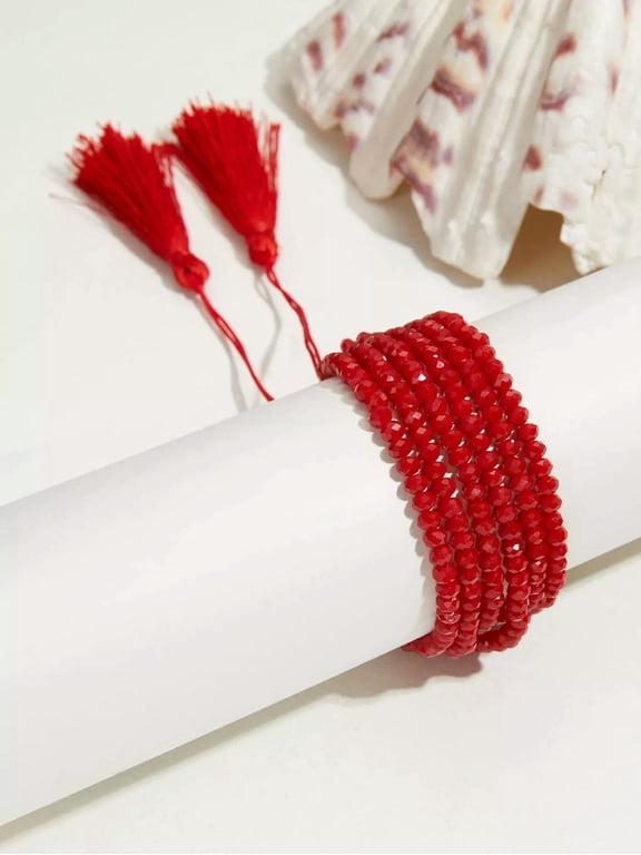 1Pc Red Bead Decor String Bracelet For Women Creative Jewelry Stackable Bracelet-Default