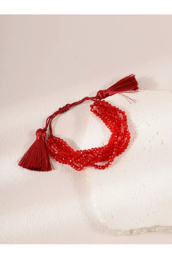 1Pc Red Beaded Adjustable Drawstring Bracelet Creative Jewelry For Women Crafted-Default