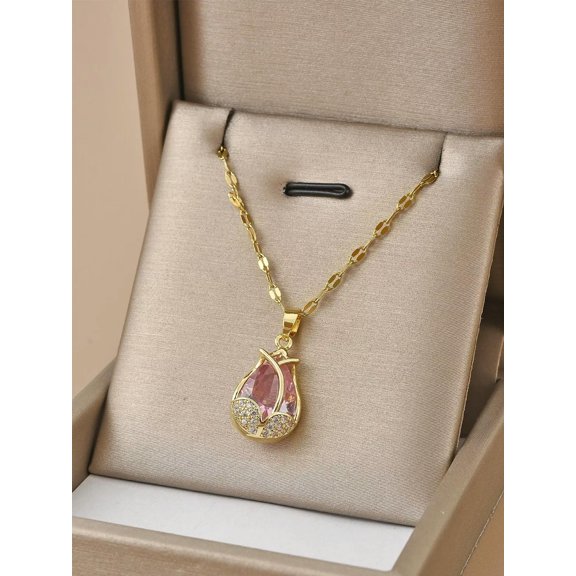 EOEMY 1Pc Stainless Steel Tulip Decorated With Full Rhinestone Necklace For Women-Default