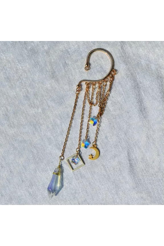 1Pcs Rainbow Aura Crystal Star Moon Drop Dangle Earrings No-Pierced Ear Hook-15-Moon Rhombus-Gold