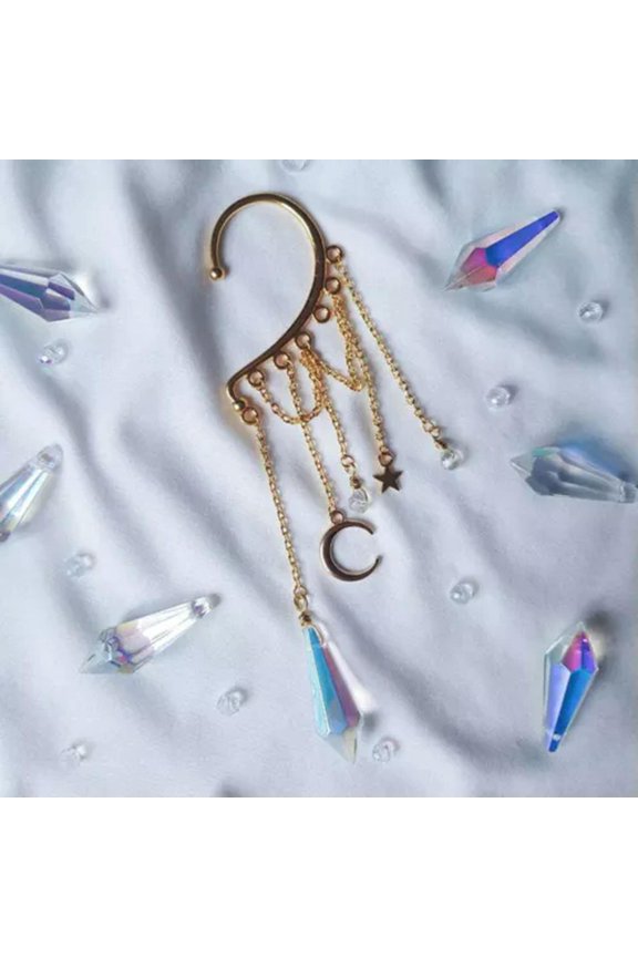 1Pcs Rainbow Aura Crystal Star Moon Drop Dangle Earrings No-Pierced Ear Hook-19-Moon Star-Gold