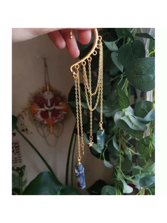 1Pcs Rainbow Aura Crystal Star Moon Drop Dangle Earrings No-Pierced Ear Hook-2-Green Agate-Gold