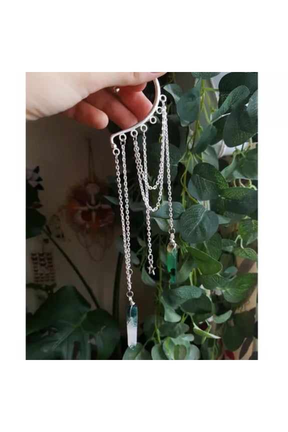 1Pcs Rainbow Aura Crystal Star Moon Drop Dangle Earrings No-Pierced Ear Hook-2-Green Agate-Silver